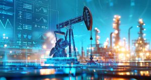 This striking image showcases a digital oil pump jack with a sci-fi aesthetic, superimposed with glowing numerical data and dynamic charts. Set against a techno-infused cityscape illuminated at dusk, the scene merges energy industry themes with advanced technology and digital analytics.