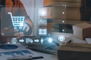 Startup small business entrepreneur or freelance Asian woman using a laptop with box, Young success Asian woman with her hand lift up, online marketing packaging box and delivery, SME concept.